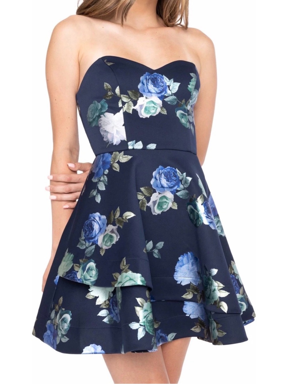 B DARLIN Womens Fit + Flare Mini Dress Navy Zippered Strapless Party Juniors 3/4